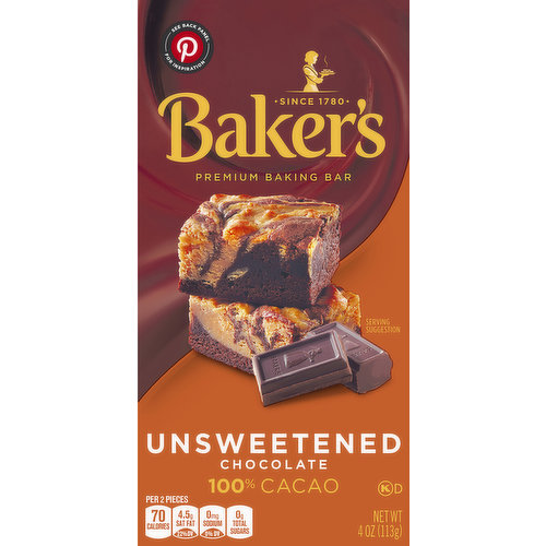 Baker's Unsweetened Baking Chocolate Bar 100% Cacao 113g