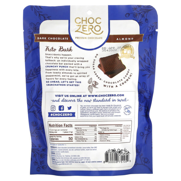 ChocZero Keto Bark Dark Chocolate with Almonds 170g Bag - Image 4